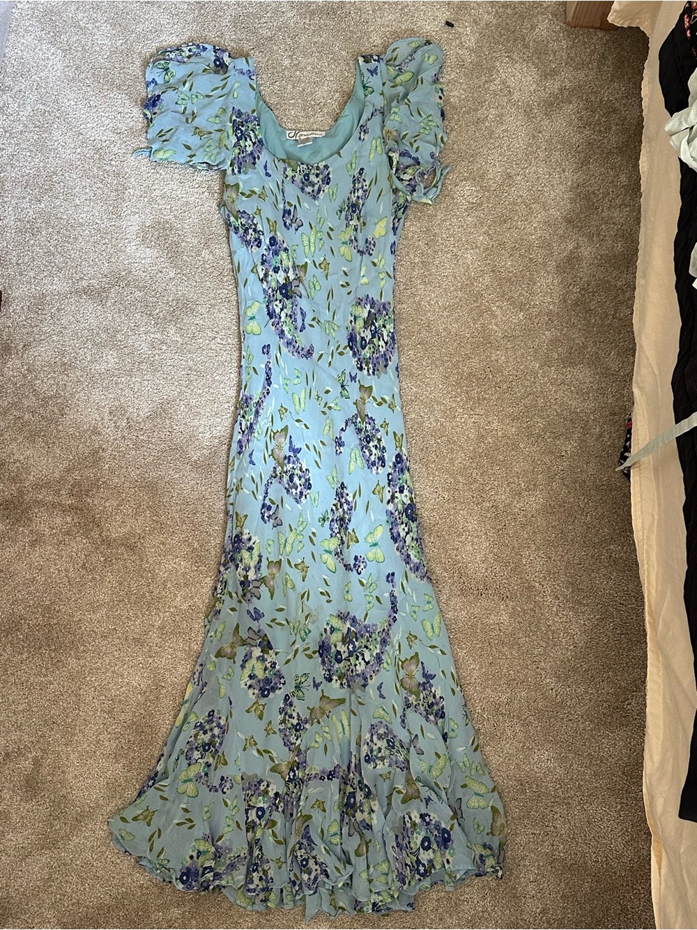 Vintage Floral Chiffon Midi Dress with Handkerchief Hemline and Ruffle Sleeves